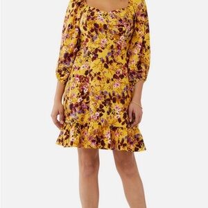 Scoop Square Neck Mini Vibrant Yellow & Purple Floral Long Sleeve Dress